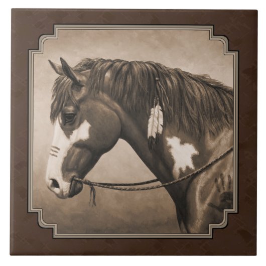 Native American Pinto War Horse in Sepia Tegeltje (Voorkant)