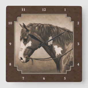 Native American Pinto War Horse in Sepia Vierkante Klok