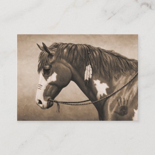 Native American Pinto War Horse in Sepia Visitekaartje (Voorkant)