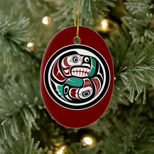Native American Red Black Art Otter Salmon Keramisch Ornament (Boom)