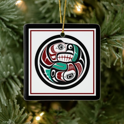 Native American Red Black Art Otter Salmon Keramisch Ornament (Boom)