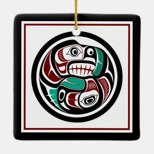 Native American Red Black Art Otter Salmon Keramisch Ornament (Achterkant)