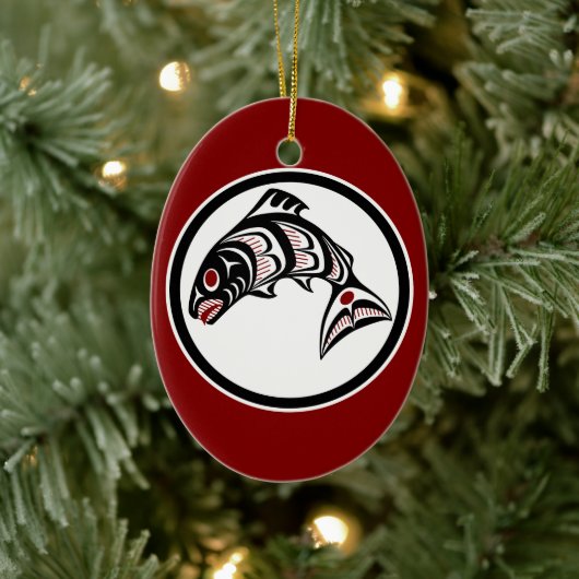 Native American Red Black Art Vector Salmon Keramisch Ornament (Boom)