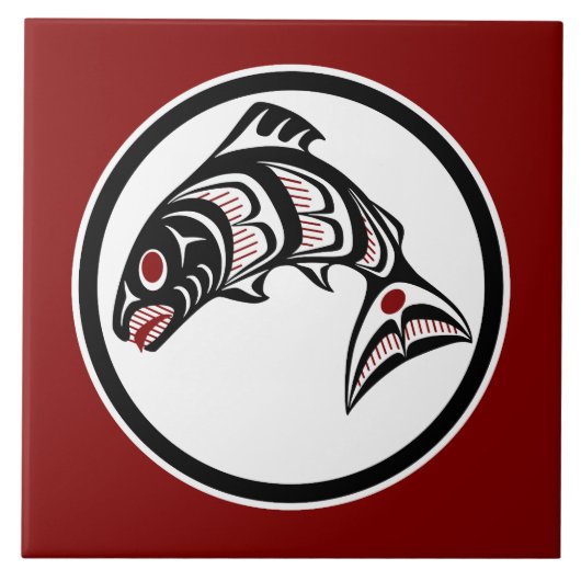 Native American Red Black Art Vector Salmon Tegeltje (Voorkant)