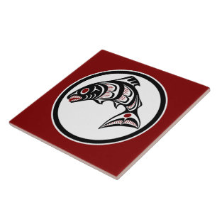 Native American Red Black Art Vector Salmon Tegeltje