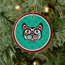 Native American Red Black Green Haida Art Kat Keramisch Ornament