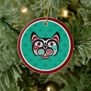 Native American Red Black Green Haida Art Kat Keramisch Ornament