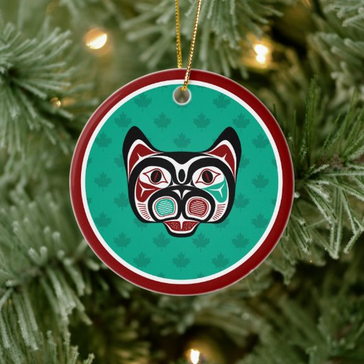 Native American Red Black Green Haida Art Kat Keramisch Ornament (Boom)