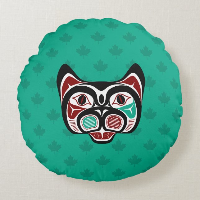 Native American Red Black Green Haida Art Kat Rond Kussen (Voorkant)