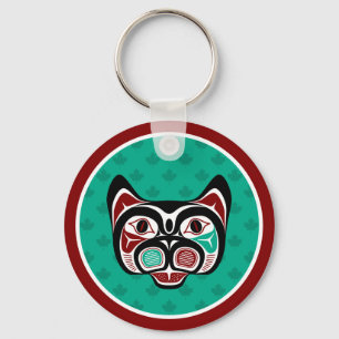 Native American Red Black Green Haida Art Kat Sleutelhanger