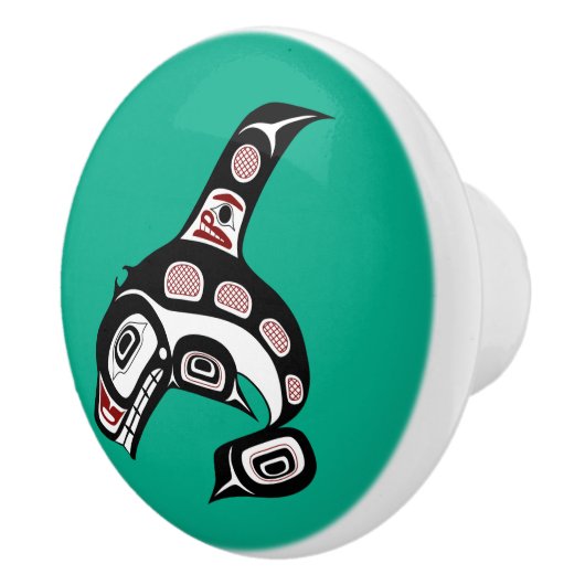 Native American Red Black Haida Art Killer Whale Keramische Knop (Rechts)