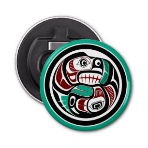 Native American Red Black Haida Art Otter Salmon Button Flesopener
