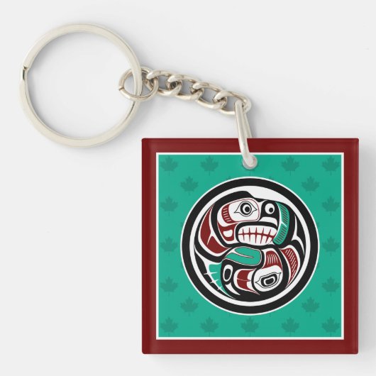 Native American Red Black Haida Art Otter Salmon Sleutelhanger (voorkant)
