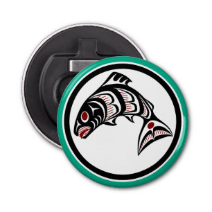 Native American Red Black Haida Art Salmon Button Flesopener