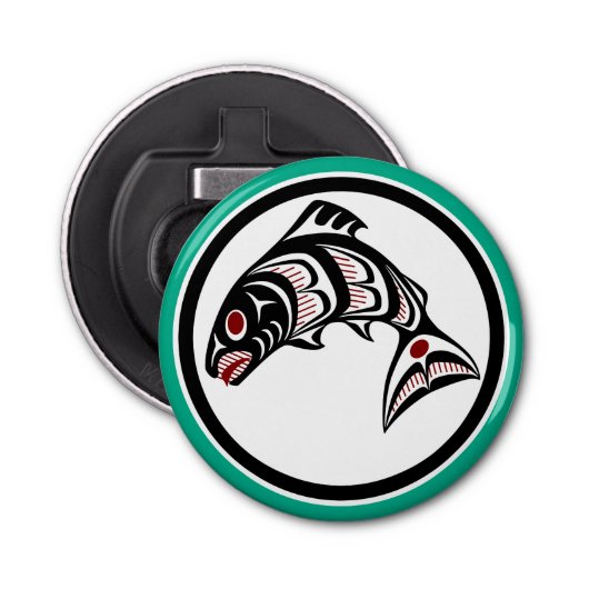 Native American Red Black Haida Art Salmon Button Flesopener (Voorkant)