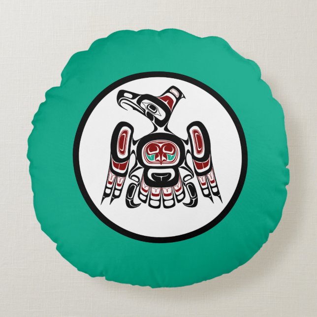 Native American Red Black Kaigani Thunderbird Rond Kussen (Voorkant)
