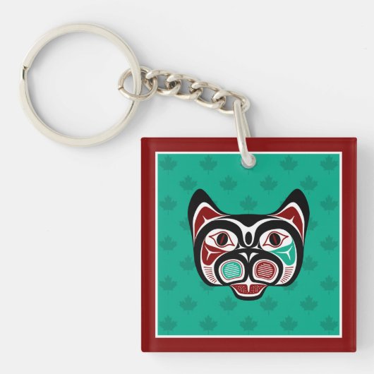 Native American Red Black Vector Art Haida Kat Sleutelhanger (voorkant)