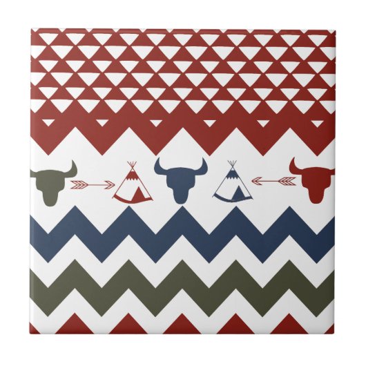Native American Red Blue Chevron Tipi Skulls Arrow Tegeltje (Voorkant)