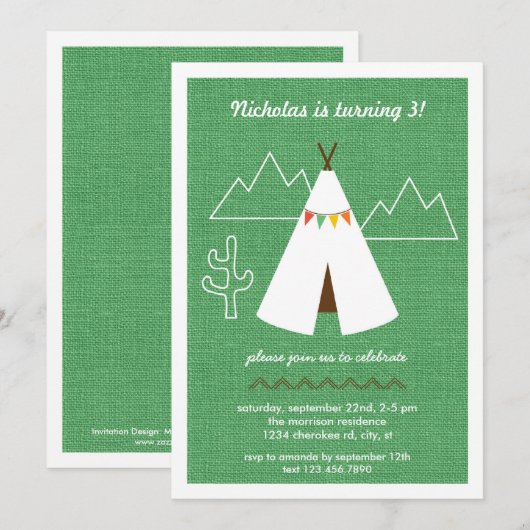 Native American Tipi Birthday Party Invitation Kaart (Voorkant / Achterkant)