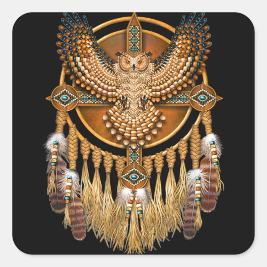 Native American Tribal Art Owl Vierkante Sticker (Voorkant)