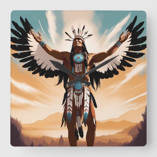 Native American Warrior Clock Vierkante Klok (Voorkant)