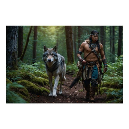 Native American Warrior en Wolf Wildlife Design Perfect Poster (Voorkant)