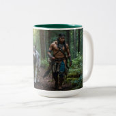 Native American Warrior en Wolf Wildlife Design Tweekleurige Koffiemok (Voorkant rechts)