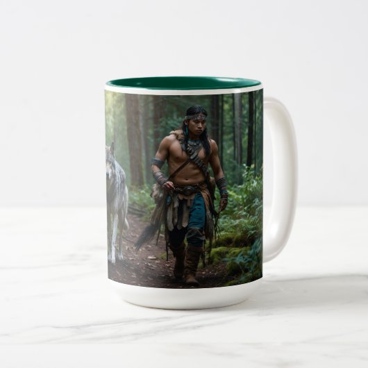 Native American Warrior en Wolf Wildlife Design Tweekleurige Koffiemok (Voorkant rechts)