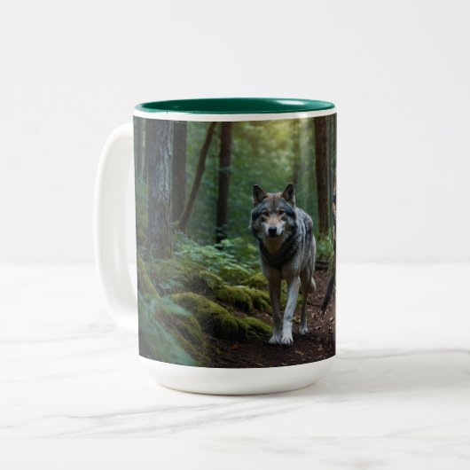 Native American Warrior en Wolf Wildlife Design Tweekleurige Koffiemok (Voorkant links)