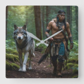 Native American Warrior en Wolf Wildlife Design Vierkante Klok (Voorkant)