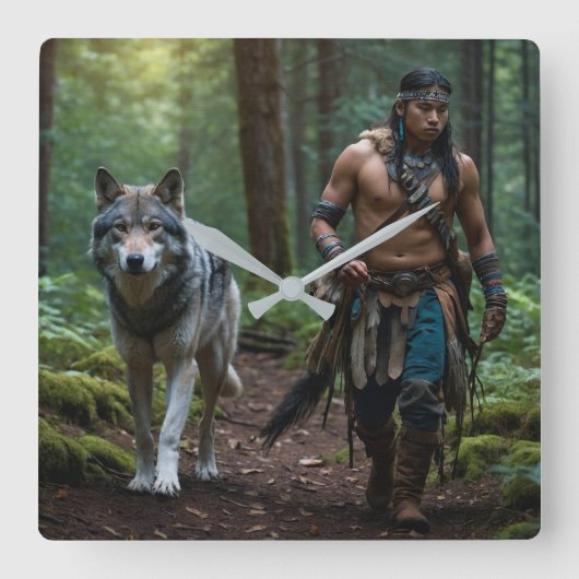 Native American Warrior en Wolf Wildlife Design Vierkante Klok (Voorkant)