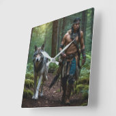 Native American Warrior en Wolf Wildlife Design Vierkante Klok (Hoek)