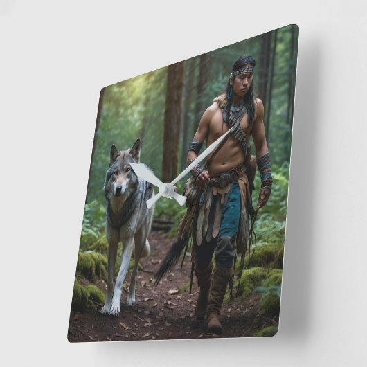 Native American Warrior en Wolf Wildlife Design Vierkante Klok (Hoek)