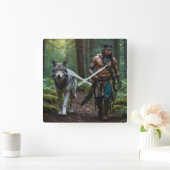 Native American Warrior en Wolf Wildlife Design Vierkante Klok (Huis)