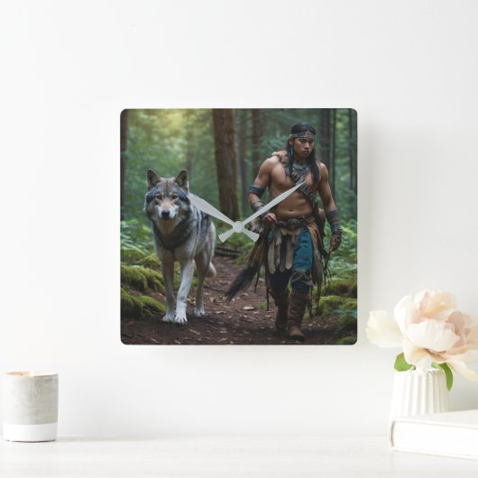 Native American Warrior en Wolf Wildlife Design Vierkante Klok (Huis)