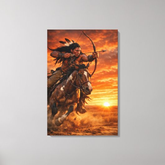 Native American Warrior on Galloping Horse Sunset Canvas Afdruk (Voorkant)
