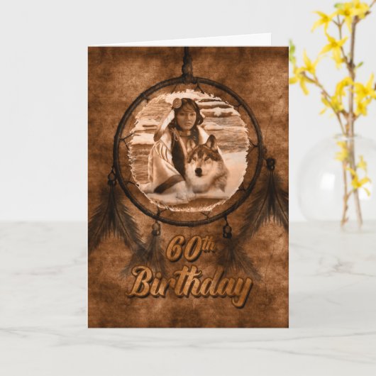 Native American Wolf 60th Birthday Kaart (Gele Bloem)