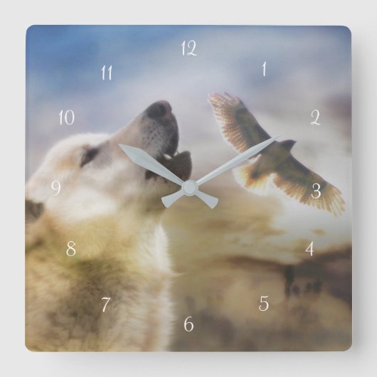 Native American Wolf en Red Tail Hawk Vierkante Klok (Voorkant)