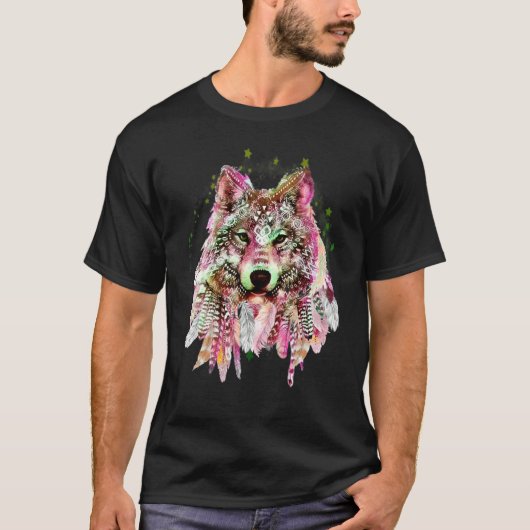 Native American Wolf Head Tribal Bohemen Tattoo C T-shirt (Voorkant)
