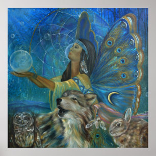 Native american wolf owl rabbit poster