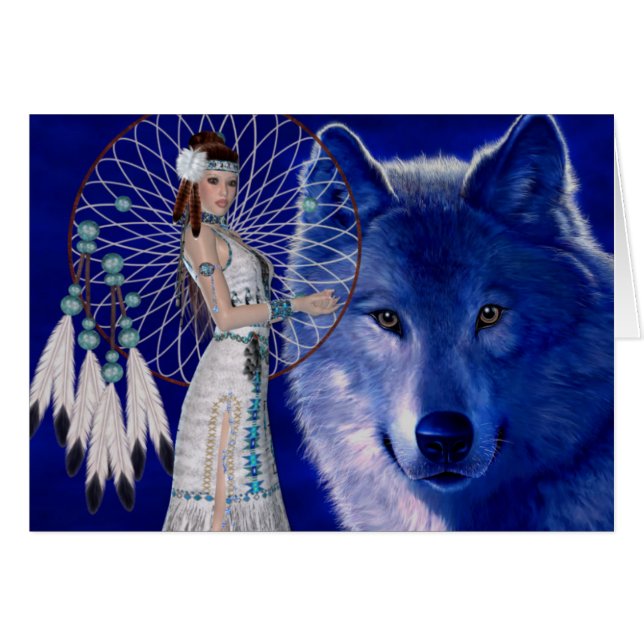 Native American Woman & Blue Wolf Design (Voorkant Horizontaal)