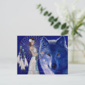 Native American Woman & Blue Wolf Design 2 Briefkaart (Staand voorkant)