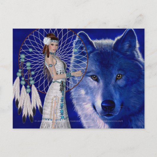Native American Woman & Blue Wolf Design 2 Briefkaart (Voorkant)