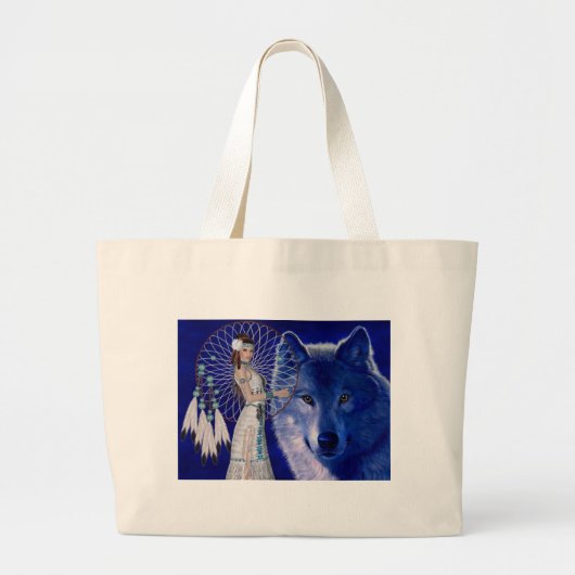 Native American Woman & Blue Wolf Design Grote Tote Bag (Voorkant)