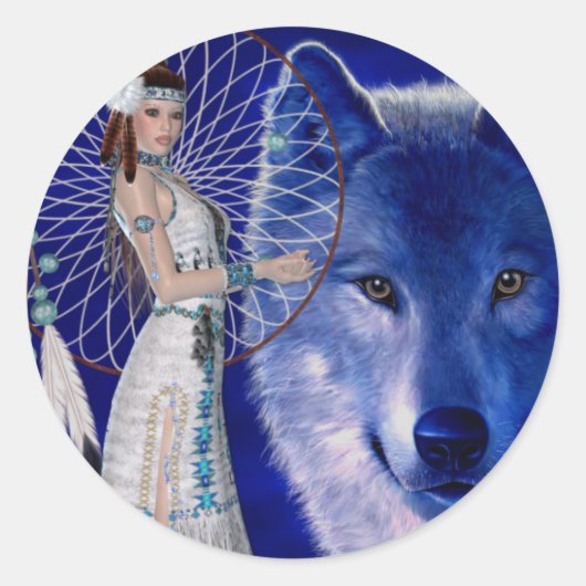 Native American Woman & Blue Wolf Design Ronde Sticker (Voorkant)