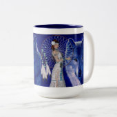 Native American Woman & Blue Wolf Design Tweekleurige Koffiemok (Voorkant rechts)