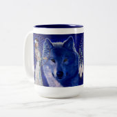 Native American Woman & Blue Wolf Design Tweekleurige Koffiemok (Voorkant links)