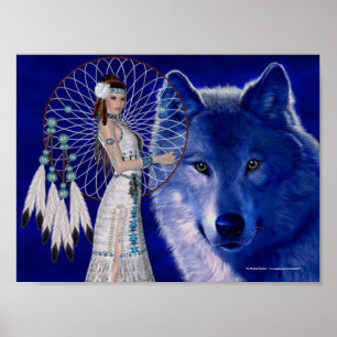 Native American Woman & Blue Wolf Poster Print