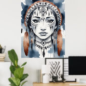 Native American Woman Portrait Feather Headdress Poster (Thuiskantoor)