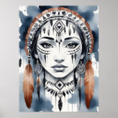 Native American Woman Portrait Feather Headdress Poster (Voorkant)